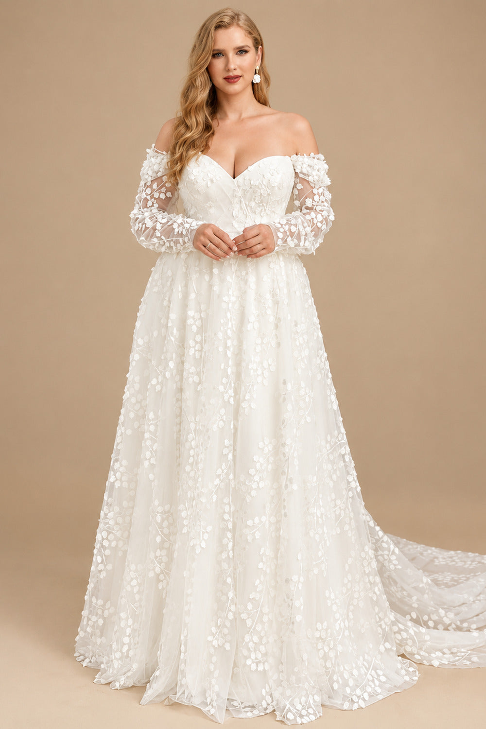 Rutipo Ivory Plus Size A-Line Off-The-Shoulder Court Train Tulle Wedding Dresses With Lace