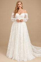 Rutipo Ivory Plus Size A-Line Off-The-Shoulder Court Train Tulle Wedding Dresses With Lace