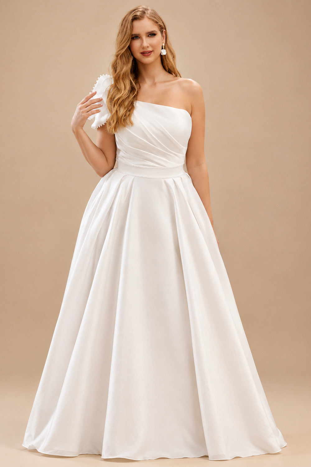 Rutipo Ivory Plus Size Ball-Gown One-Shoulder Court Train Satin Wedding Dresses With Flower(s)
