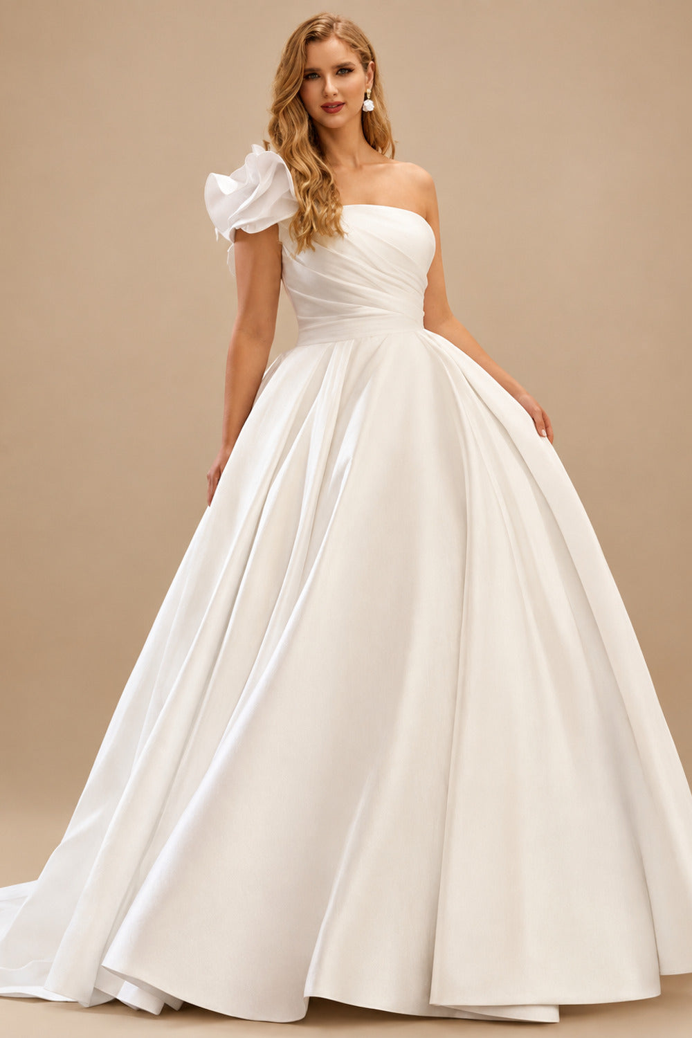 Rutipo Ivory Plus Size Ball-Gown One-Shoulder Court Train Satin Wedding Dresses With Flower(s)