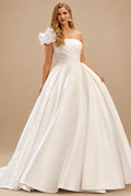 Rutipo Ivory Plus Size Ball-Gown One-Shoulder Court Train Satin Wedding Dresses With Flower(s)