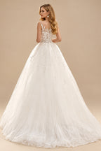 Rutipo Ivory Ball-Gown Illusion Neck Sleeveless Tulle(Non-Stretch) Wedding Dress With Appliques Lace