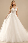 Rutipo Ivory Ball-Gown Illusion Neck Sleeveless Tulle(Non-Stretch) Wedding Dress With Appliques Lace