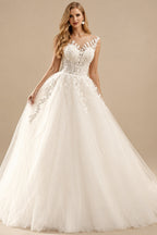 Rutipo Ivory Ball-Gown Illusion Neck Sleeveless Tulle(Non-Stretch) Wedding Dress With Appliques Lace