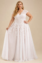Rutipo As Picture A-Line V-Neck Sleeveless Tulle(Non-Stretch) Plus Size Wedding Dress With Appliques Lace