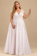 Rutipo As Picture A-Line V-Neck Sleeveless Tulle(Non-Stretch) Plus Size Wedding Dress With Appliques Lace