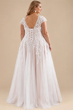 Rutipo As Picture A-Line V-Neck Sleeveless Tulle(Non-Stretch) Plus Size Wedding Dress With Appliques Lace