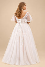 Rutipo As Picture Plus Size A-Line V-Neck 1/2 Sleeves Tulle Wedding Dresses With Appliques Lace