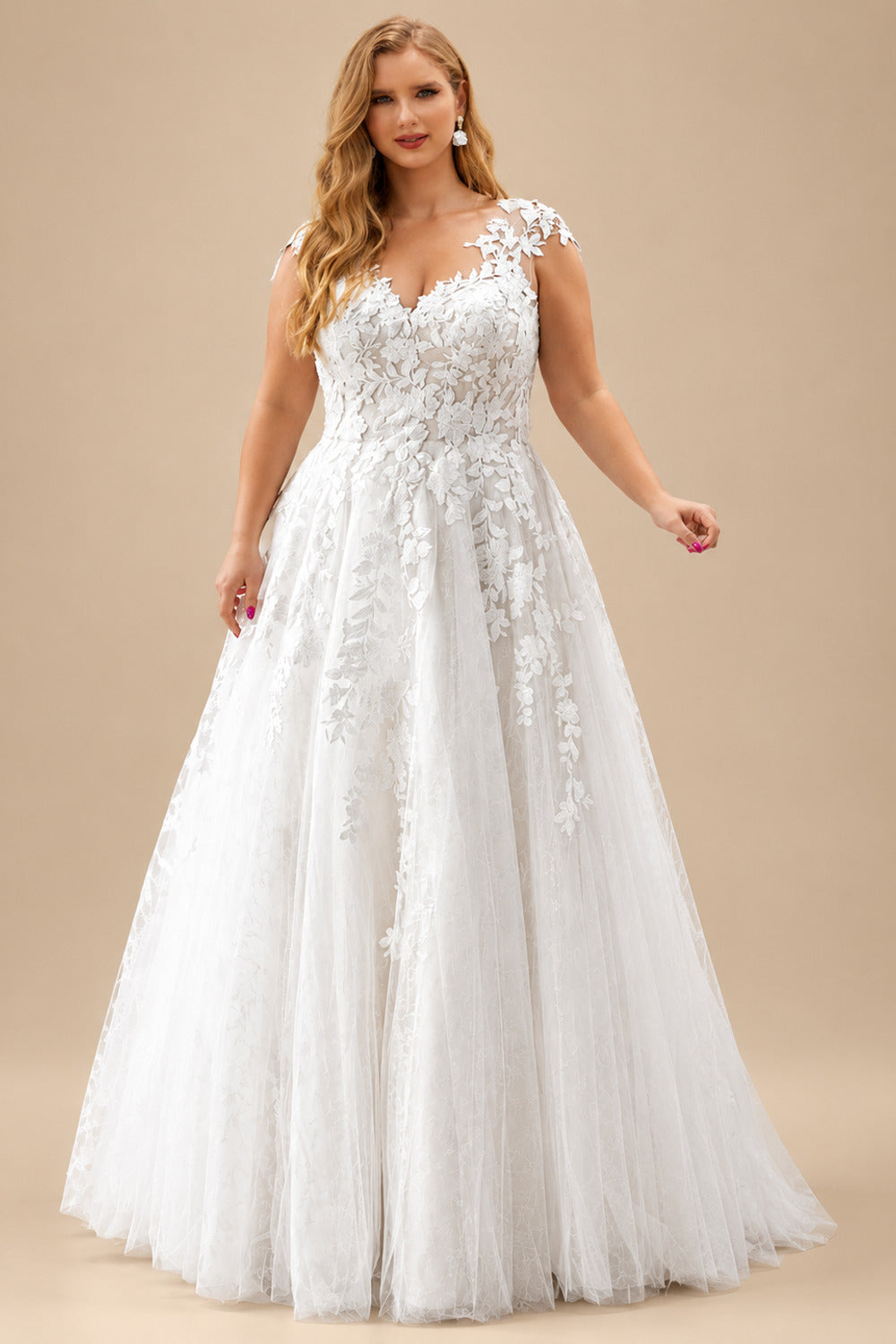 Rutipo White Plus Size A-Line V-Neck Floor-Length Tulle Wedding Dresses With Appliques Lace
