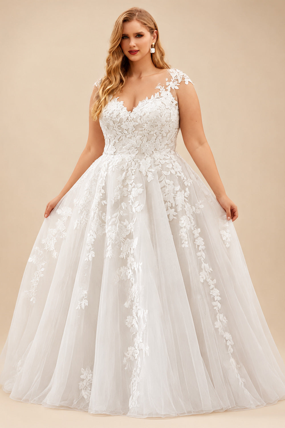 Rutipo White Plus Size A-Line V-Neck Floor-Length Tulle Wedding Dresses With Appliques Lace