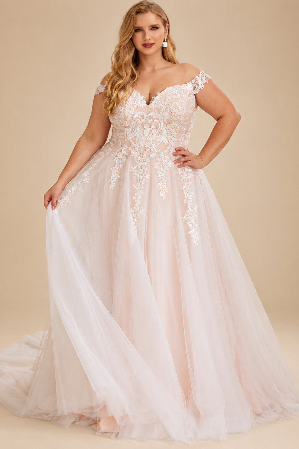 Rutipo As Picture Plus Size Ball-Gown Off-The-Shoulder Sweep Train Tulle Wedding Dresses With Lace