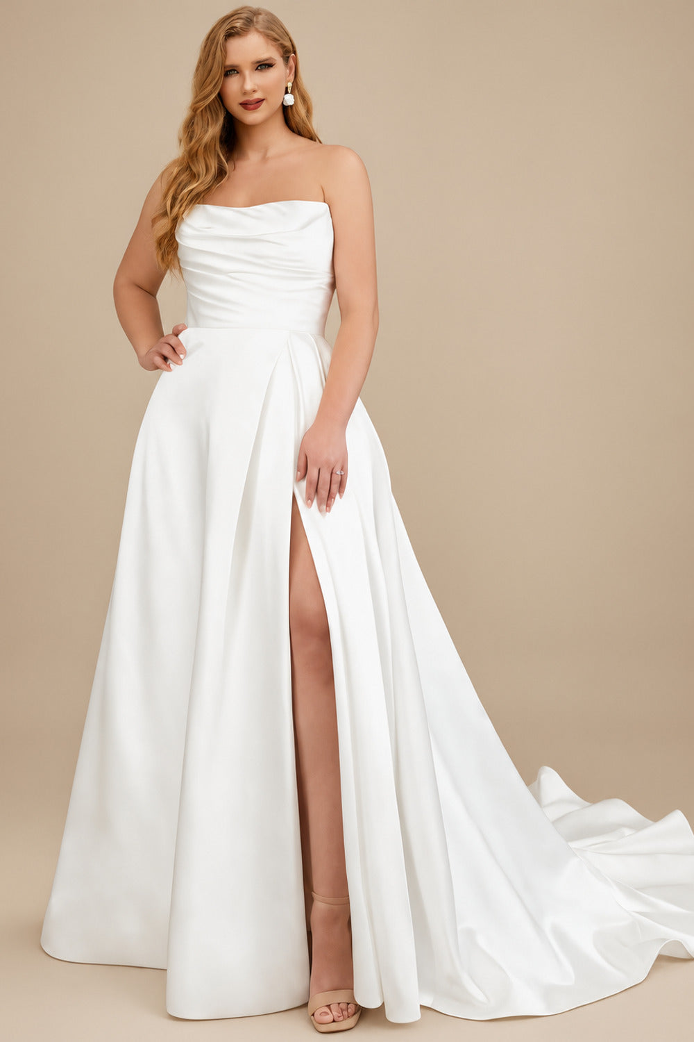 Rutipo Ivory Plus Size A-Line Strapless Sleeveless Court Train Satin Wedding Dresses With High Split
