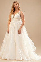 Rutipo Ivory Plus Size A-Line V-Neck Sleeveless Sweep Train Tulle Wedding Dresses With Lace