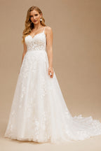 Rutipo Ivory Plus Size A-Line V-Neck Sleeveless Court Train Tulle Wedding Dresses With Lace
