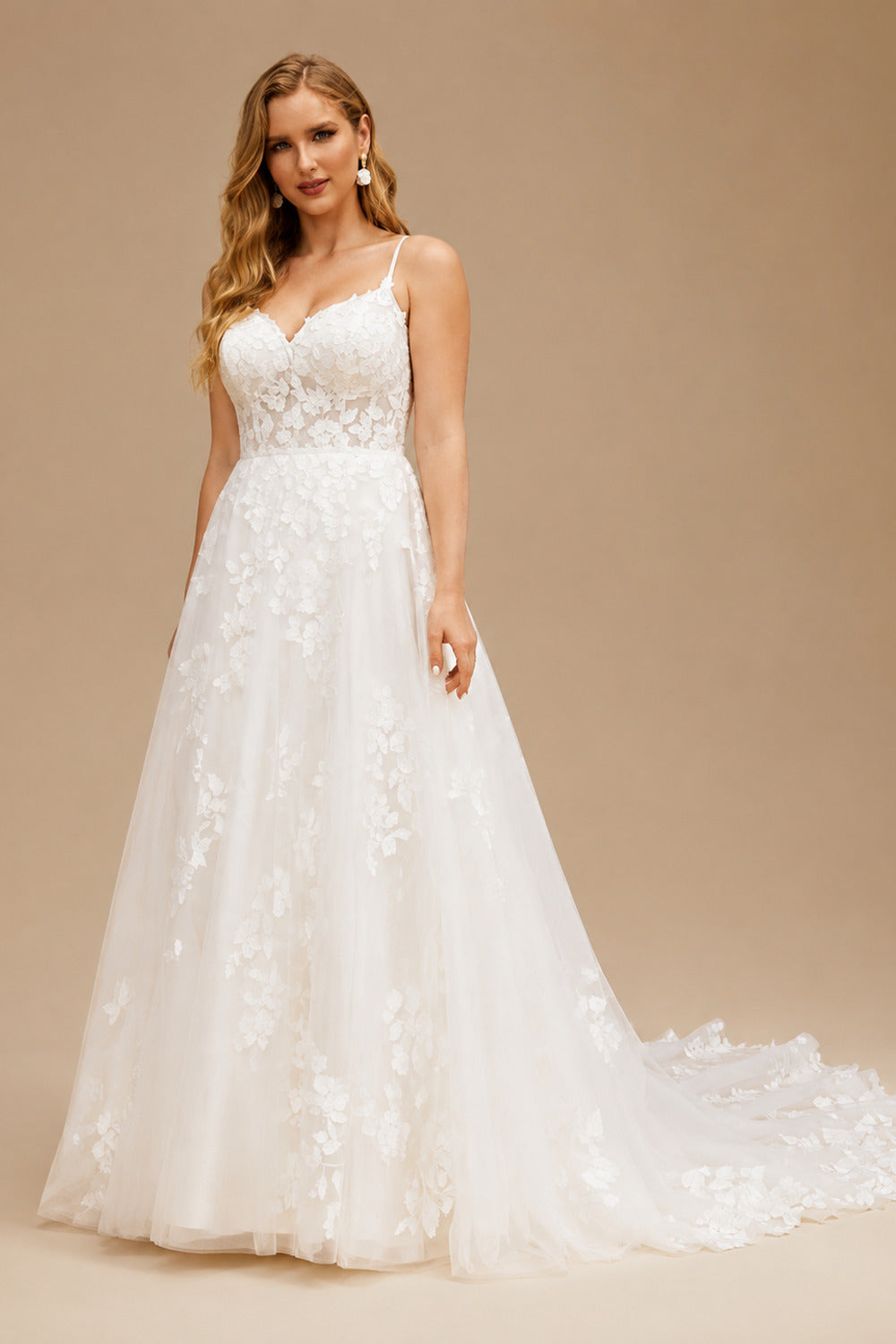 Rutipo Ivory Plus Size A-Line V-Neck Sleeveless Court Train Tulle Wedding Dresses With Lace