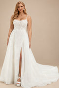 Rutipo Ivory Plus Size A-Line Cowl Neck Court Train Tulle Wedding Dresses With Lace/High Split