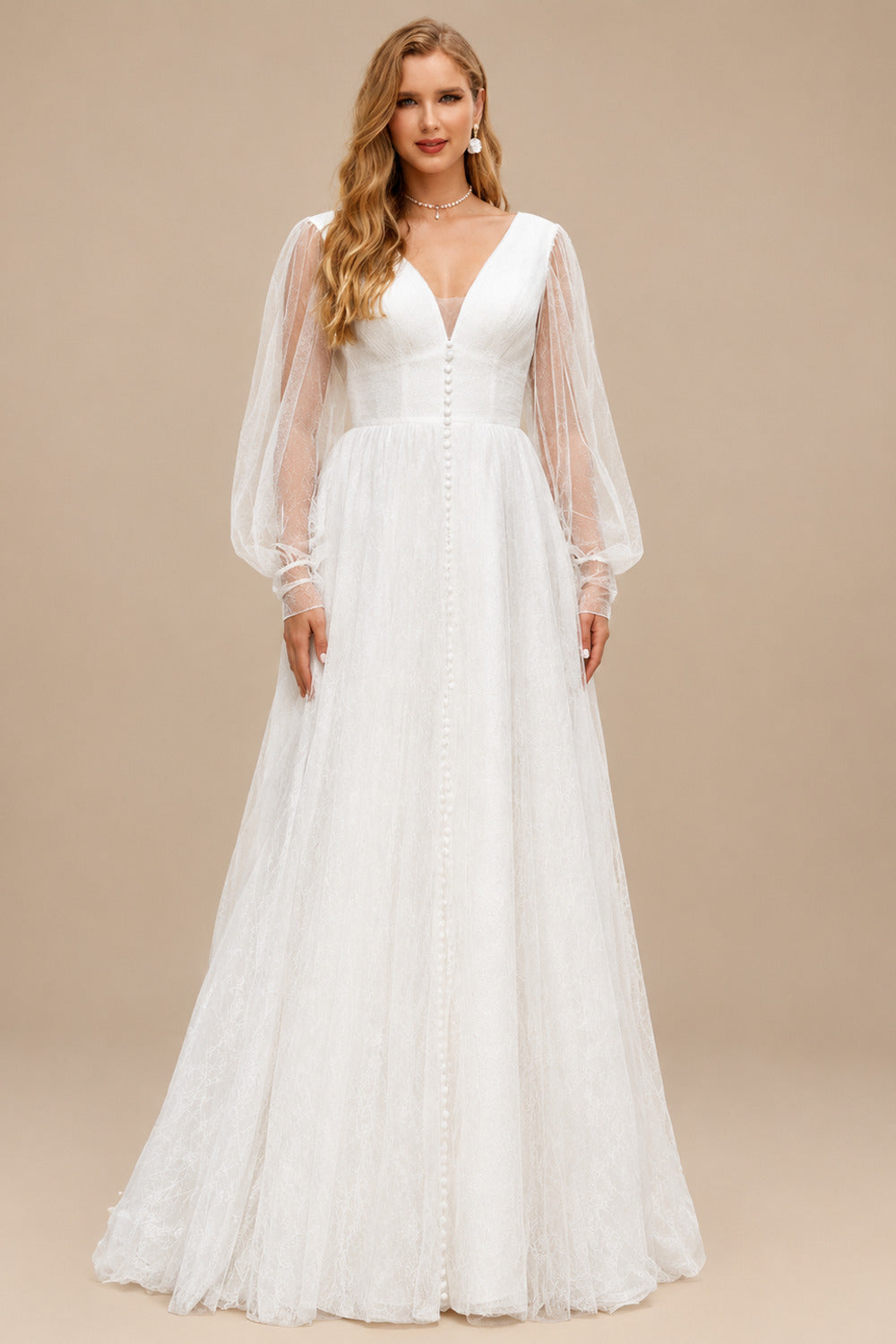 Rutipo White Plus Size A-Line V-Neck Long Sleeves Sweep Train Tulle Wedding Dresses