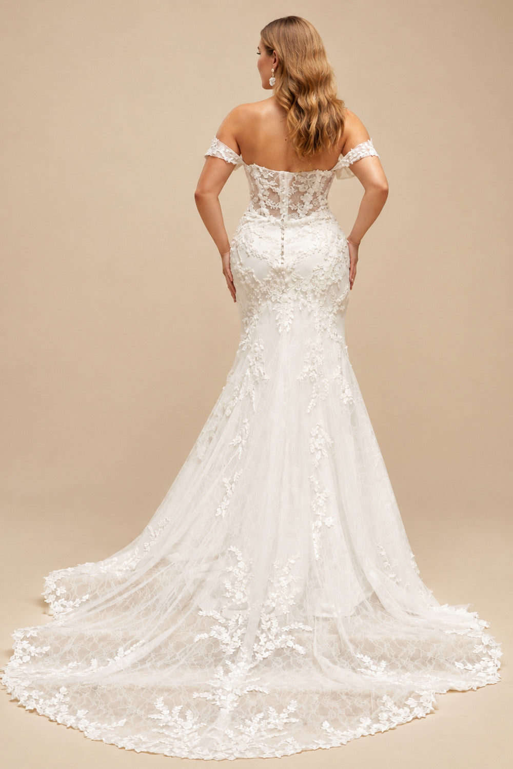 Rutipo Ivory Plus Size Trumpet/Mermaid Off-The-Shoulder Court Train Lace Wedding Dresses