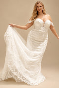 Rutipo Ivory Plus Size Trumpet/Mermaid Off-The-Shoulder Court Train Lace Wedding Dresses