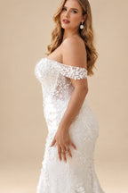 Rutipo White Plus Size Trumpet/Mermaid Off-The-Shoulder Court Train Lace Wedding Dresses