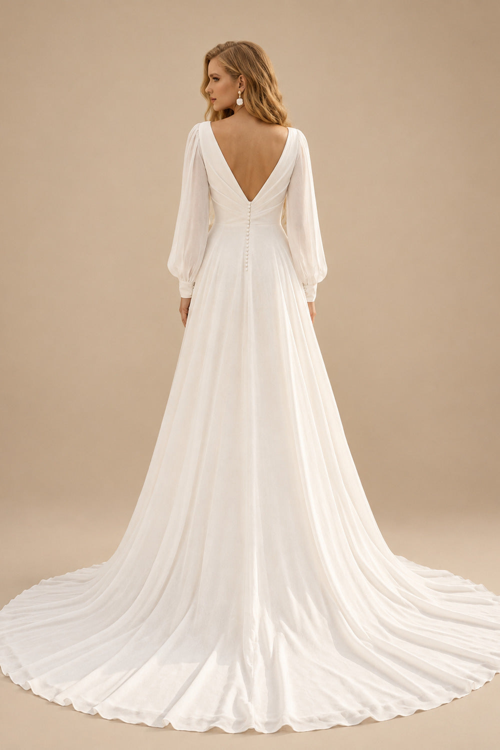 Rutipo Ivory Plus Size A-Line V-Neck Long Sleeves Sweep Train Chiffon Wedding Dresses