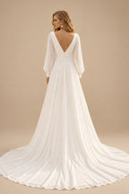 Rutipo Ivory Plus Size A-Line V-Neck Long Sleeves Sweep Train Chiffon Wedding Dresses