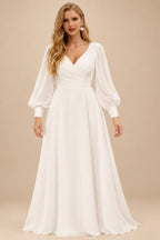 Rutipo Ivory Plus Size A-Line V-Neck Long Sleeves Sweep Train Chiffon Wedding Dresses