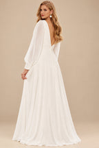 Rutipo Ivory Plus Size A-Line V-Neck Long Sleeves Sweep Train Chiffon Wedding Dresses
