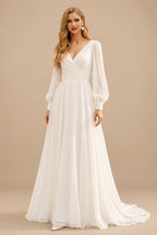 Rutipo Ivory Plus Size A-Line V-Neck Long Sleeves Sweep Train Chiffon Wedding Dresses