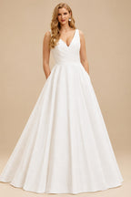 Rutipo Ivory Plus Size A-Line V-Neck Sleeveless Sweep Train Satin Wedding Dresses With Pockets