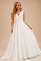 Rutipo Ivory Plus Size A-Line V-Neck Sleeveless Sweep Train Satin Wedding Dresses With Pockets