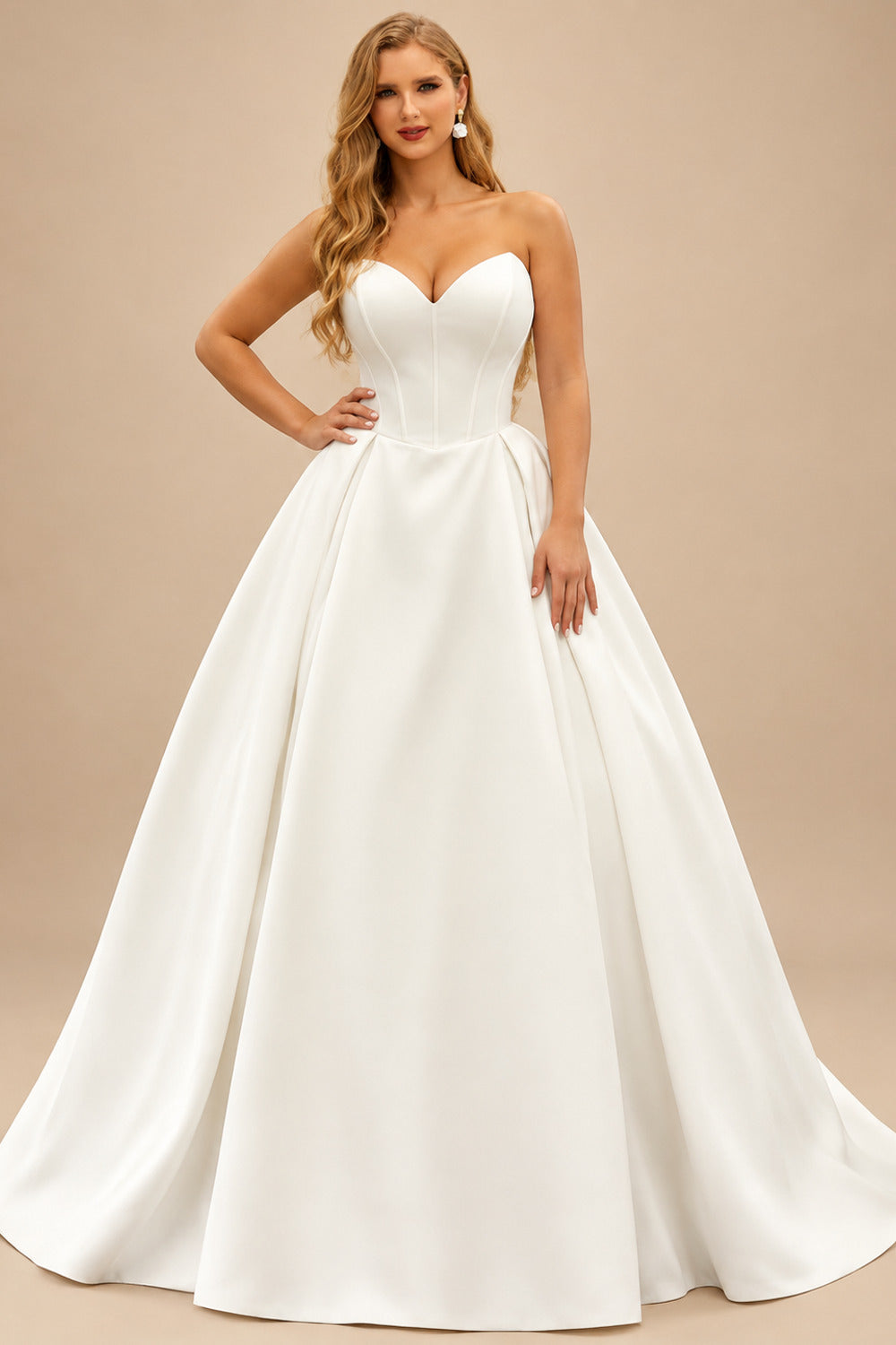Rutipo Ivory Plus Size Ball-Gown Sweetheart Sleeveless Court Train Satin Wedding Dresses