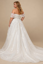 Rutipo Ivory Plus Size A-Line Off-The-Shoulder Court Train Tulle Wedding Dresses With Lace