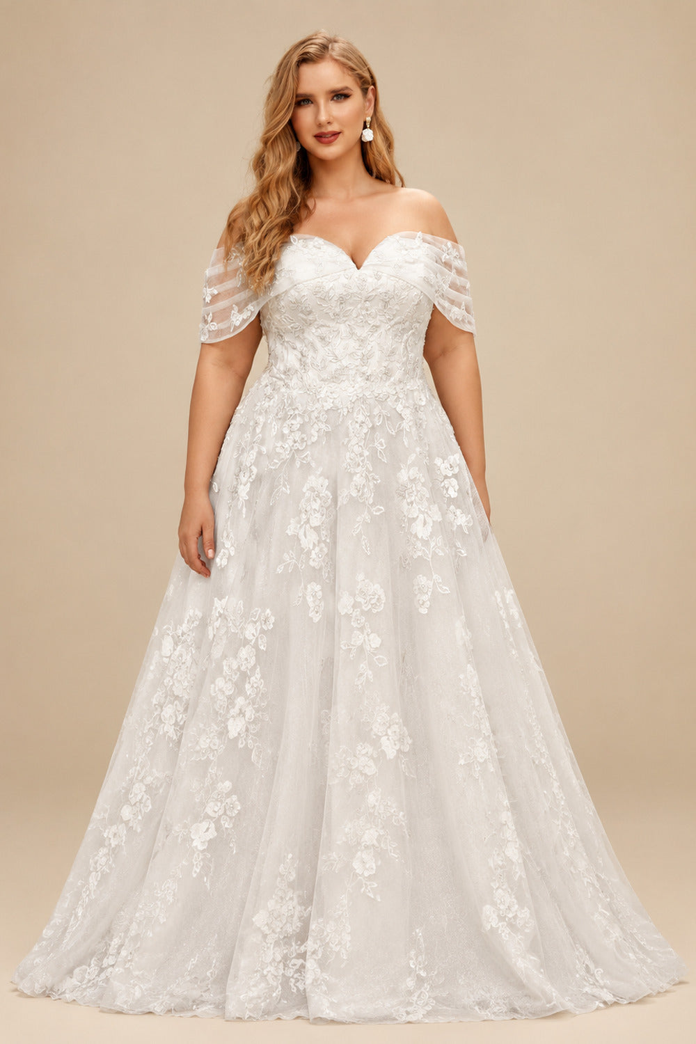 Rutipo Ivory Plus Size A-Line Off-The-Shoulder Court Train Tulle Wedding Dresses With Lace