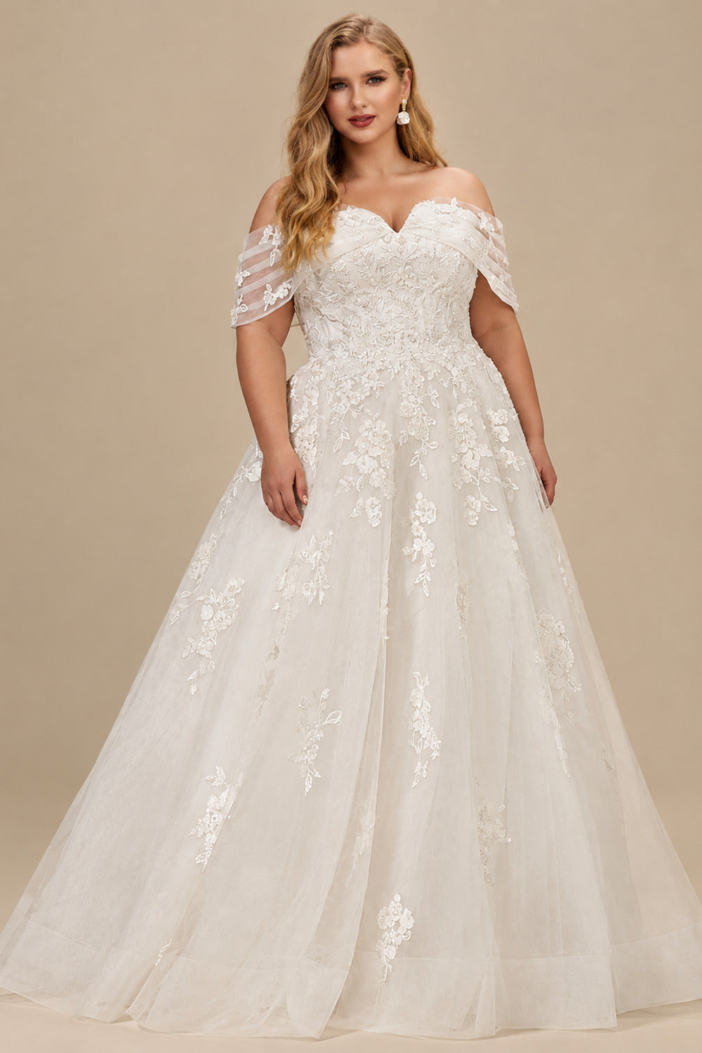 Rutipo Ivory Plus Size A-Line Off-The-Shoulder Court Train Tulle Wedding Dresses With Lace