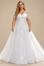 Rutipo White Plus Size A-Line Off-The-Shoulder Court Train Tulle Wedding Dresses With Lace
