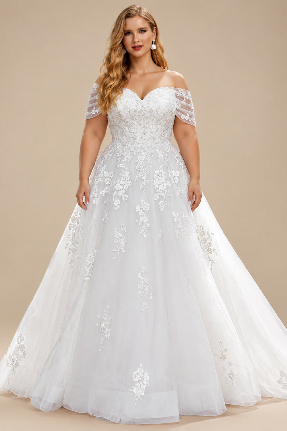 Rutipo White Plus Size A-Line Off-The-Shoulder Court Train Tulle Wedding Dresses With Lace