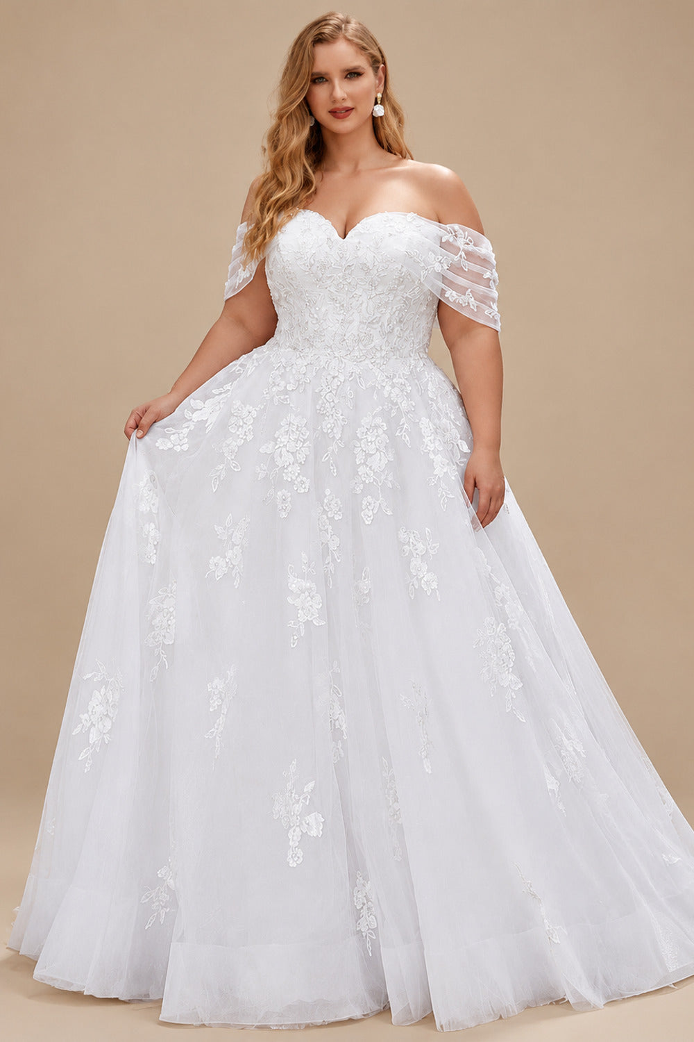 Rutipo White Plus Size A-Line Off-The-Shoulder Court Train Tulle Wedding Dresses With Lace