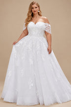 Rutipo White Plus Size A-Line Off-The-Shoulder Court Train Tulle Wedding Dresses With Lace
