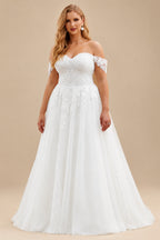 Rutipo Ivory Plus Size A-Line Off-The-Shoulder Court Train Tulle Wedding Dresses With Lace
