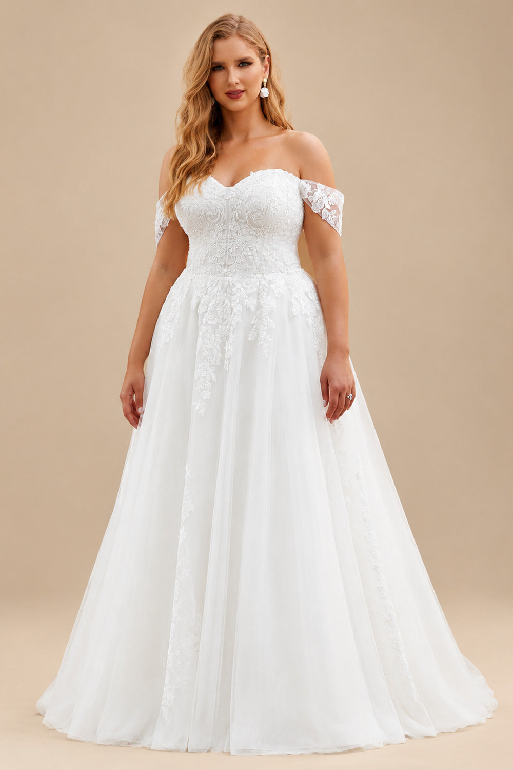 Rutipo Ivory Plus Size A-Line Off-The-Shoulder Court Train Tulle Wedding Dresses With Lace