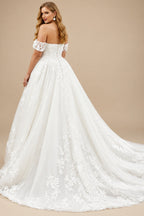 Rutipo Ivory Plus Size A-Line Off-The-Shoulder Court Train Tulle Wedding Dresses With Lace