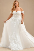 Rutipo Ivory Plus Size A-Line Off-The-Shoulder Court Train Tulle Wedding Dresses With Lace