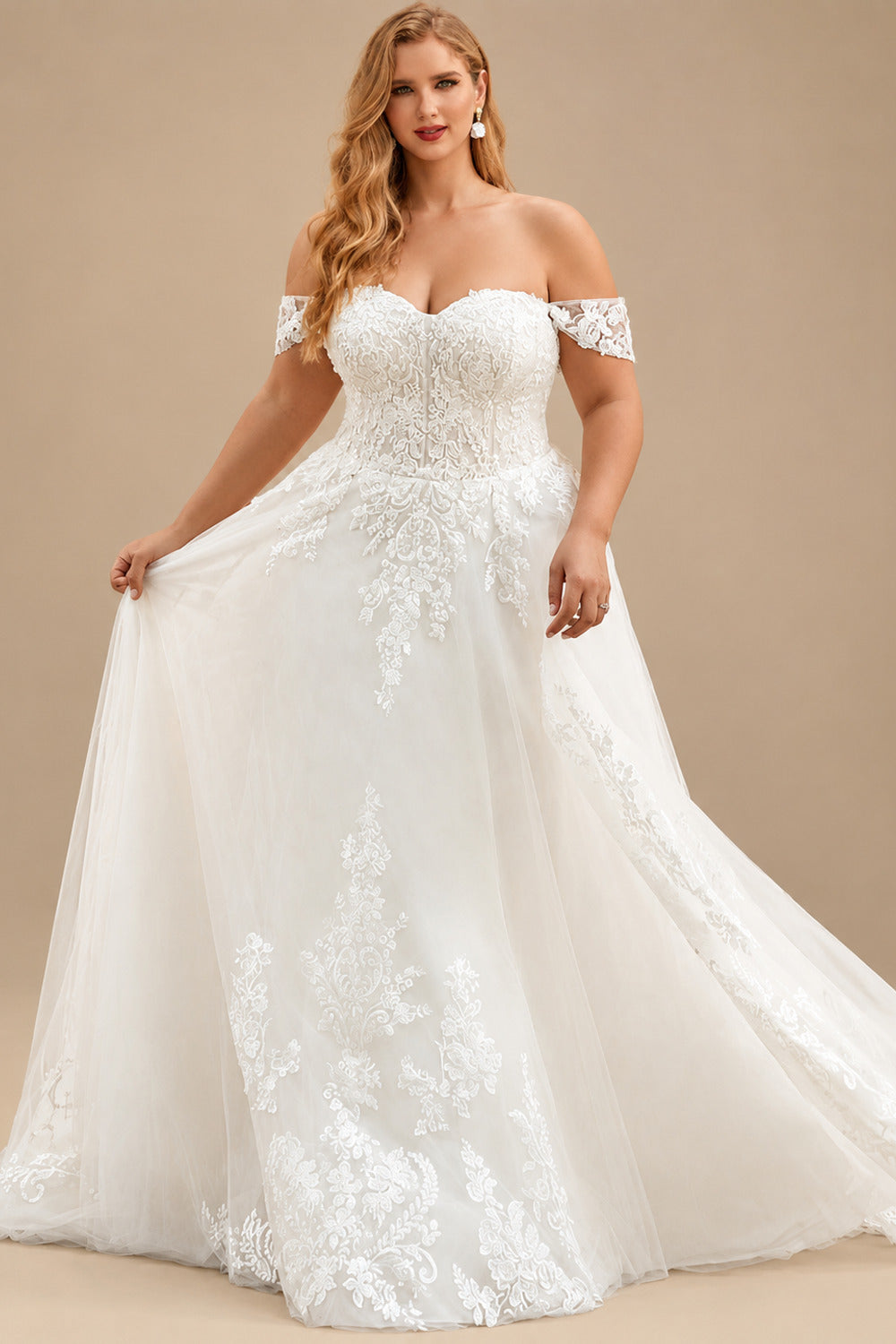 Rutipo Ivory Plus Size A-Line Off-The-Shoulder Court Train Tulle Wedding Dresses With Lace