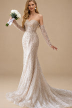 Rutipo As Picture Fitted Glitter Trumpet Beaded Sweetheart Detachable Sleeves Wedding Dresses With Lace Up Back