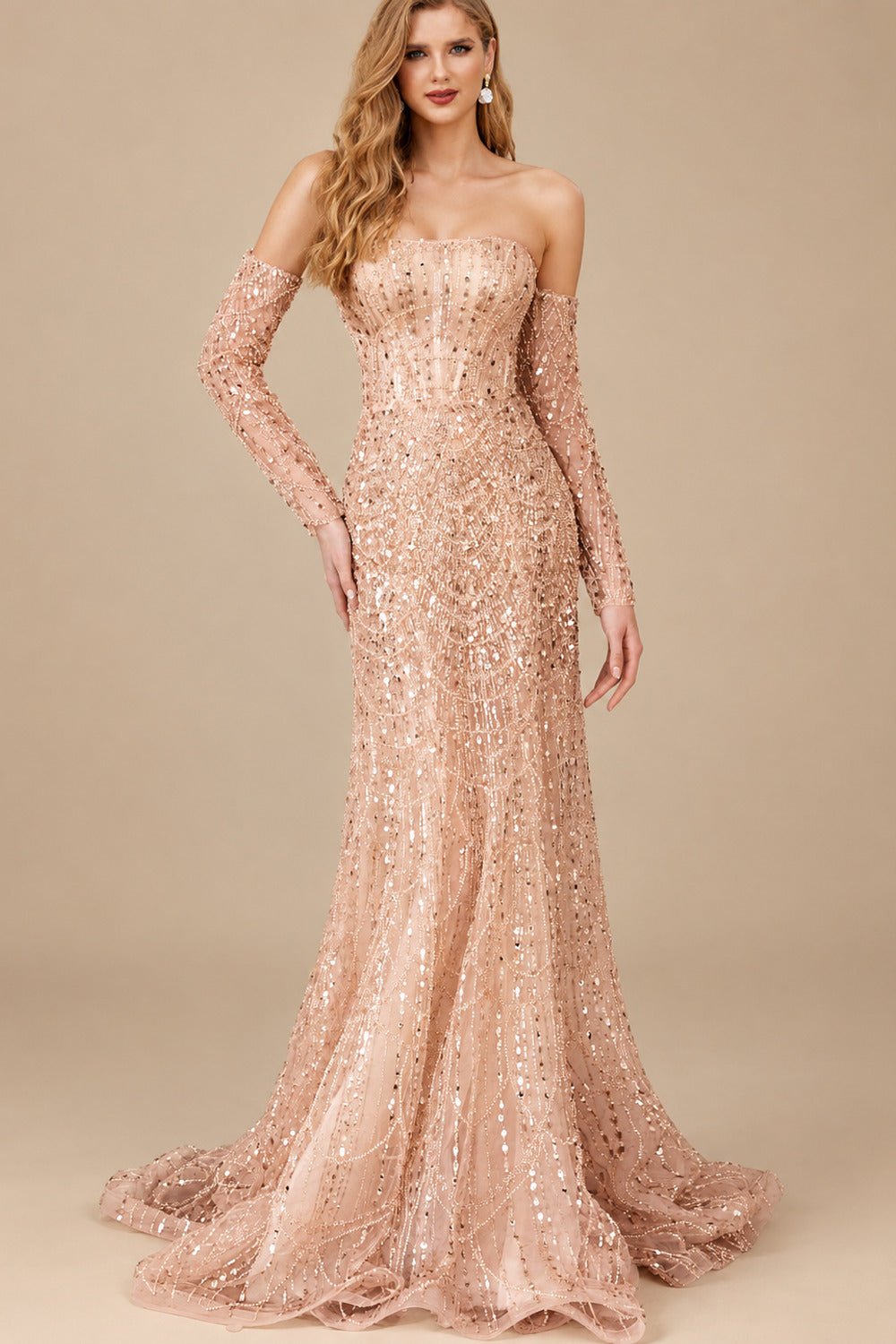 Rutipo Rose Gold Fitted Glitter Trumpet Beaded Sweetheart Detachable Sleeves Wedding Dresses With Lace Up Back