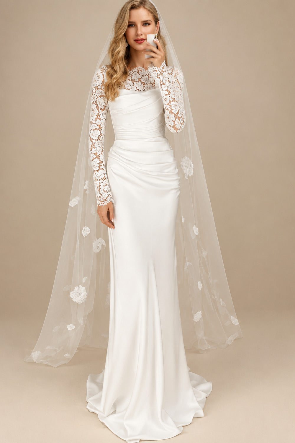 Rutipo Ivory Unique Ruched Scoop Neck Lace Long Sleeves Silk Like Satin Wedding Dresses