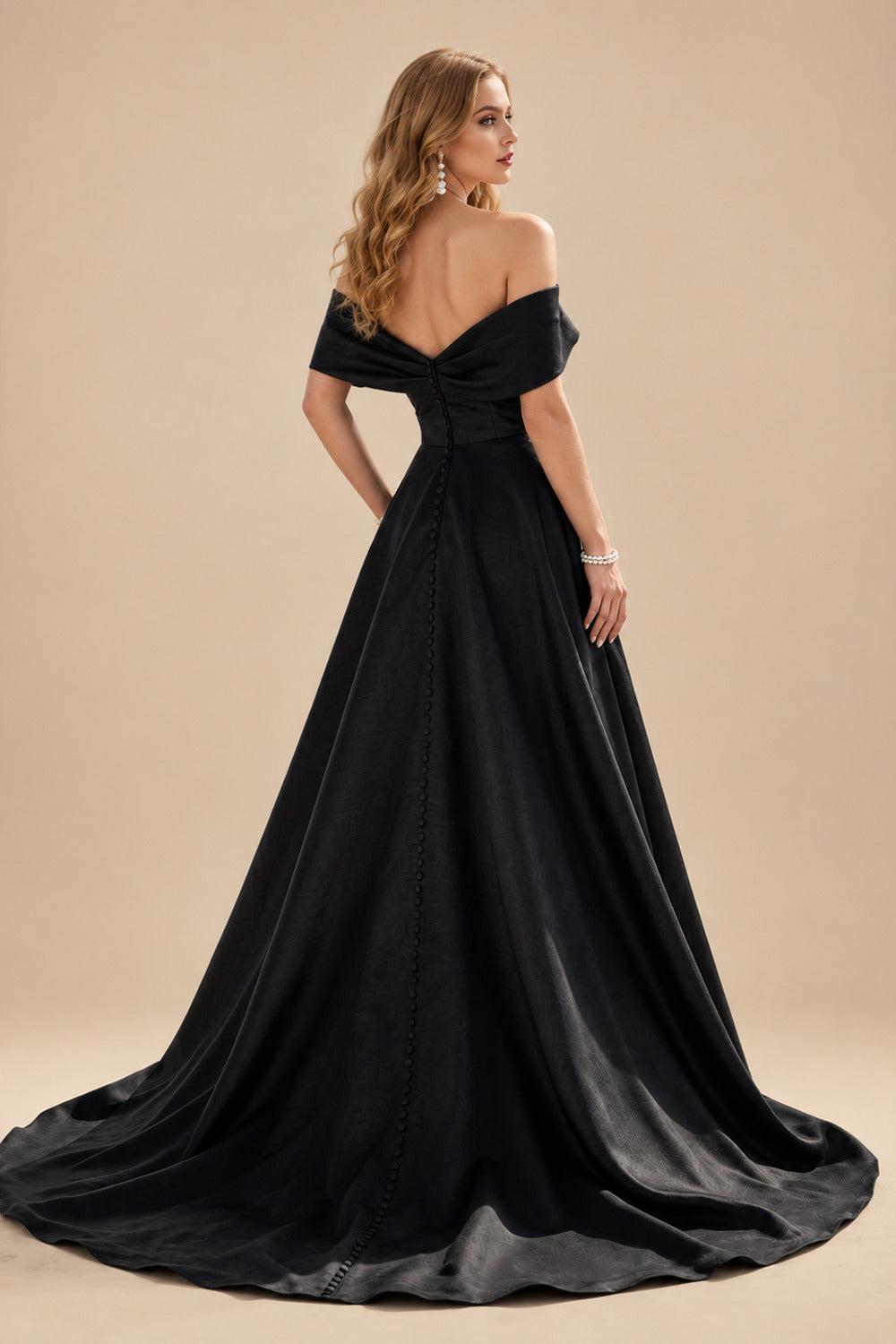 Rutipo Black Classy Ball-Gown High Split Off-The-Shoulder Satin Wedding Dresses