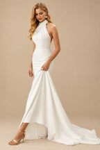 Rutipo Ivory Flattering Trumpet Halter Outcut On The Back Elastic Satin Wedding Dresses