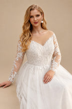 Rutipo Ivory Classy Ball-Gown Illusion Neck Long Sleeves Lace/Tulle Wedding Dresses